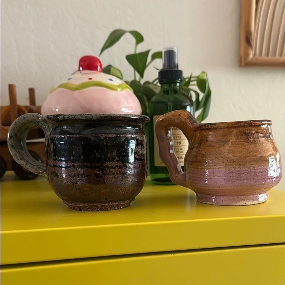 Set of 2 Handmade Pottery Coffee Mugs 8oz Espresso Latte Brown Pink